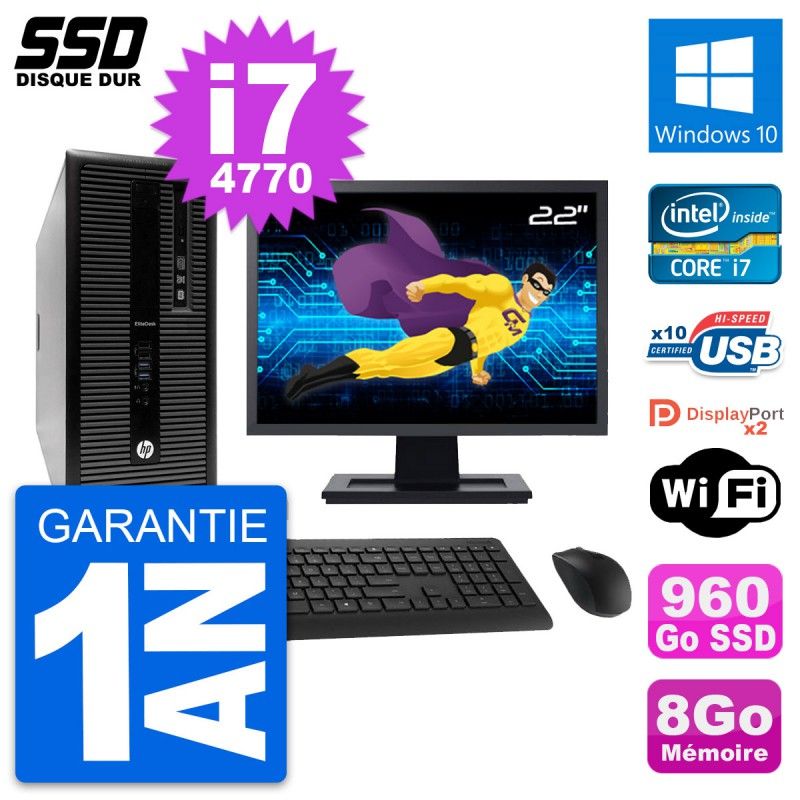 HP EliteDesk 800 G1 Desktop PC - 22" Screen, i7-4770, 8GB RAM, 960GB SSD, Windows 10, WiFi