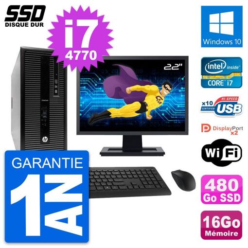 HP EliteDesk 800 G1 Desktop Computer - 22" Screen, i7-4770, 16GB RAM, 480GB SSD, Windows 10, WiFi