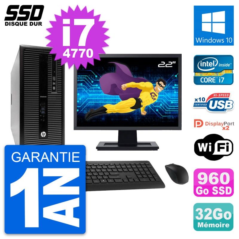 HP EliteDesk 800 G1 Desktop PC - 22" Screen, i7-4770, 32GB RAM, 960GB SSD, Windows 10, WiFi