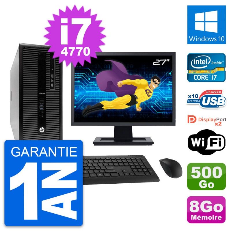 HP EliteDesk 800 G1 Desktop PC - 27" Screen, Intel i7-4770, 8GB RAM, 500GB Hard Drive, Windows 10