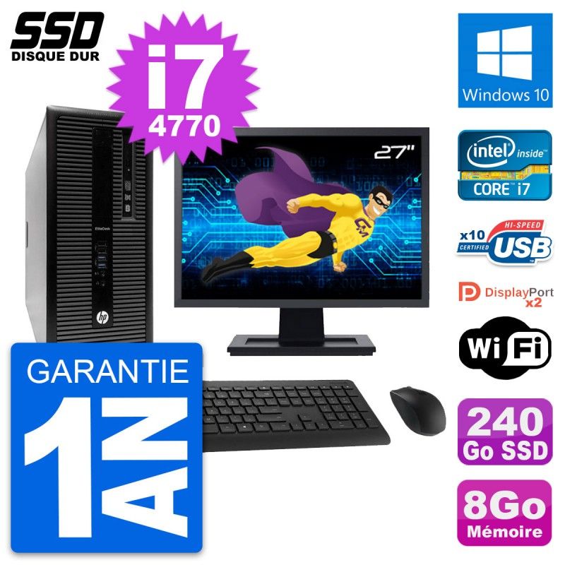 HP EliteDesk 800 G1 Desktop PC - 27" Screen, i7-4770, 8GB RAM, 240GB SSD, Windows 10, WiFi