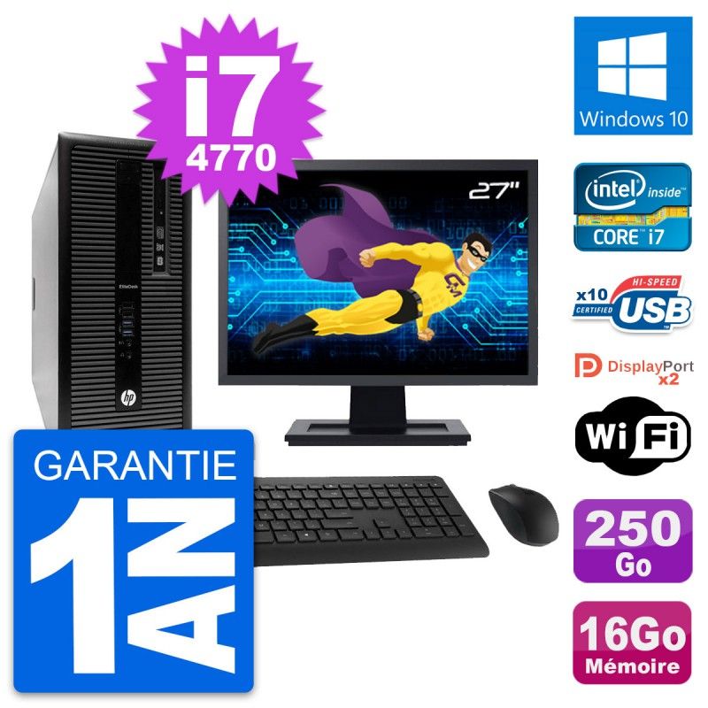 HP EliteDesk 800 G1 Desktop PC - 27" Screen, Intel i7-4770, 16GB RAM, 250GB SSD, Windows 10, WiFi