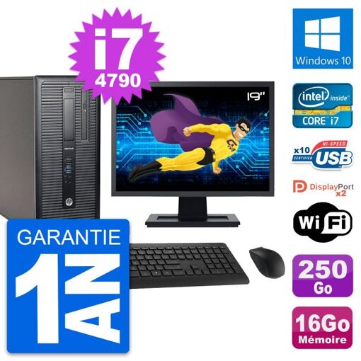 HP EliteDesk 800 G1 Desktop Computer, 19" Screen, Intel i7-4790, 16GB RAM, 250GB SSD, Windows 10, WiFi