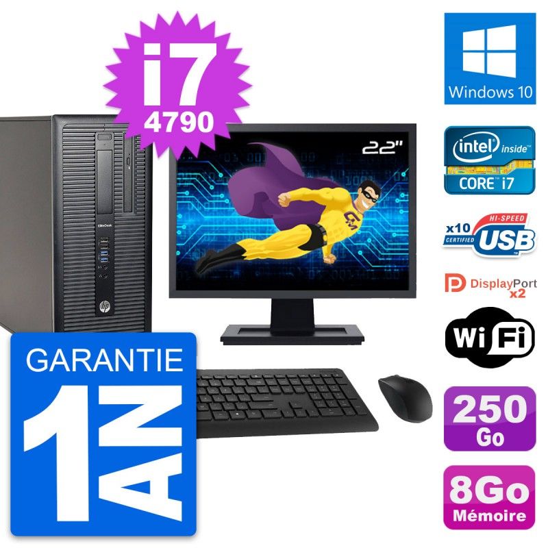 HP EliteDesk 800 G1 Desktop Computer - 22" Screen, Intel i7-4790, 8GB RAM, 250GB SSD, Windows 10, WiFi