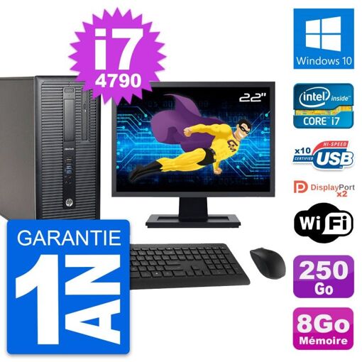 HP EliteDesk 800 G1 Desktop Computer - 22" Screen, Intel i7-4790, 8GB RAM, 250GB SSD, Windows 10, WiFi