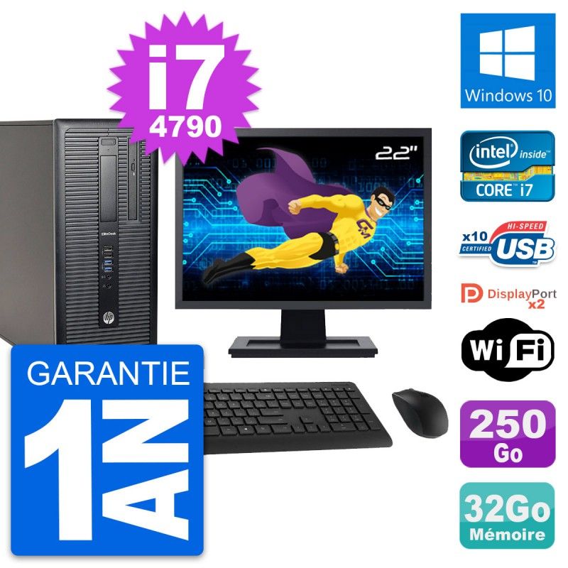 HP EliteDesk 800 G1 Desktop PC - 22" Screen, Intel i7-4790, 32GB RAM, 250GB SSD, Windows 10, WiFi