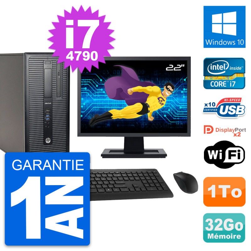 HP EliteDesk 800 G1 Desktop PC - 22" Screen, Intel i7-4790, 32GB RAM, 1TB HDD, Windows 10