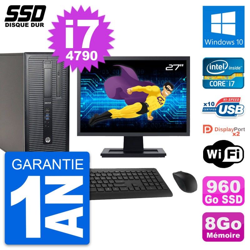 HP EliteDesk 800 G1 Desktop PC - 27" Screen, i7-4790, 8GB RAM, 960GB SSD, Windows 10, WiFi