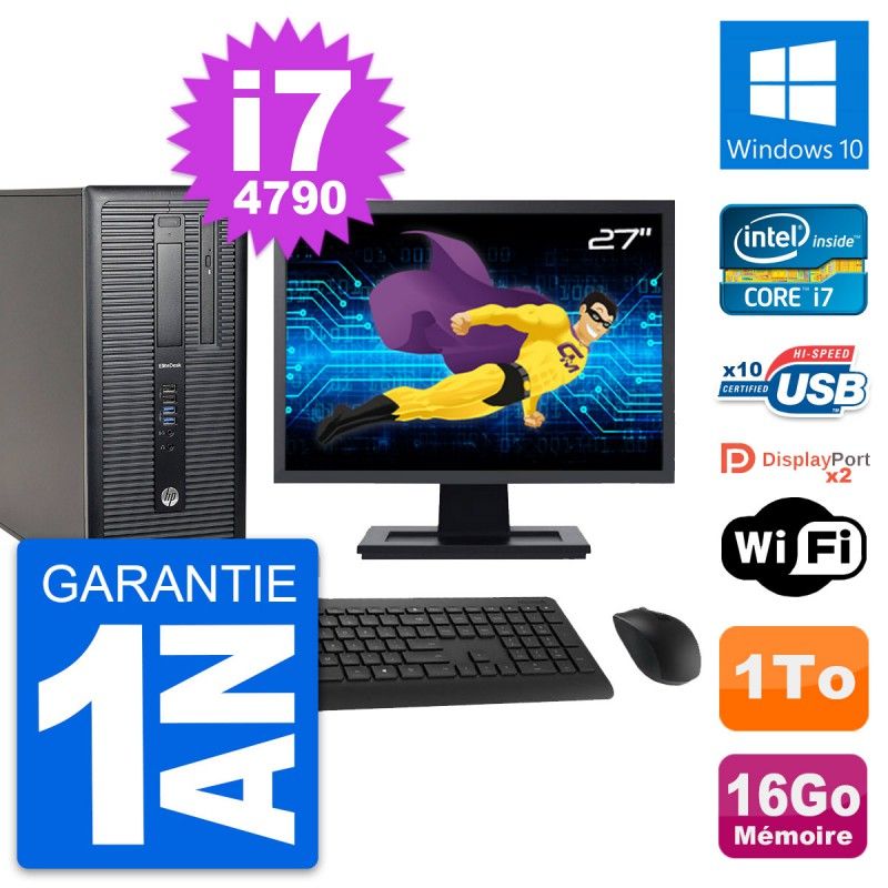 HP EliteDesk 800 G1 Desktop PC - 27" Screen, Intel i7-4790, 16GB RAM, 1TB HDD, Windows 10