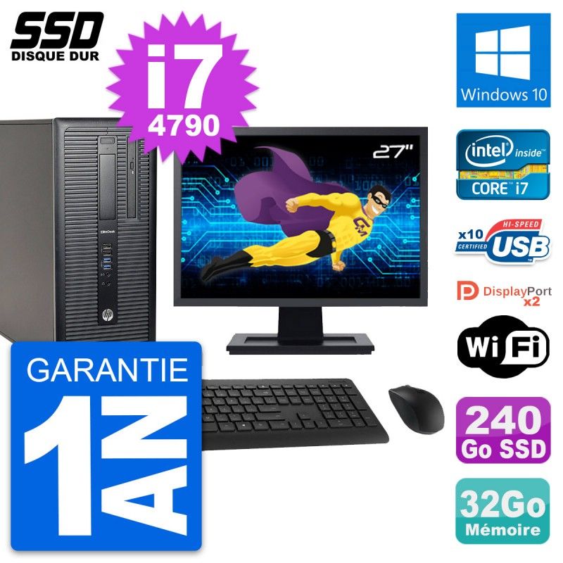 HP EliteDesk 800 G1 Desktop Computer - 27" Screen, i7-4790, 32GB RAM, 240GB SSD, Windows 10, Wifi