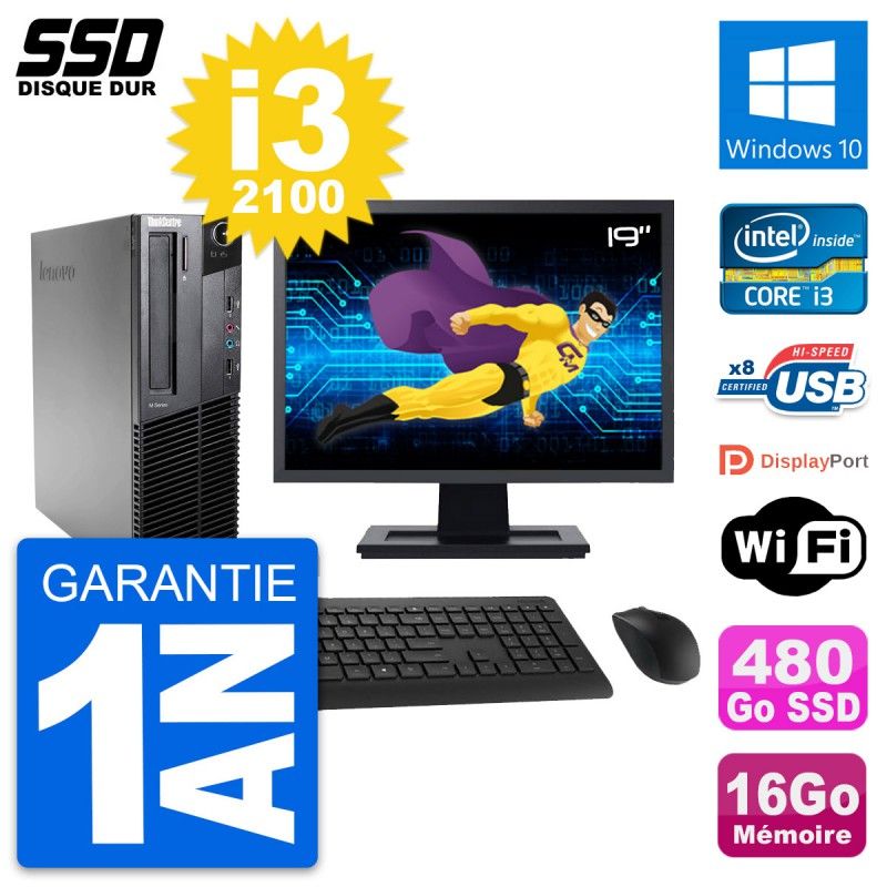 Lenovo M82 SFF Desktop Computer - 19" Screen, Intel i3-2100, 16GB RAM, 480GB SSD, Windows 10, Wifi