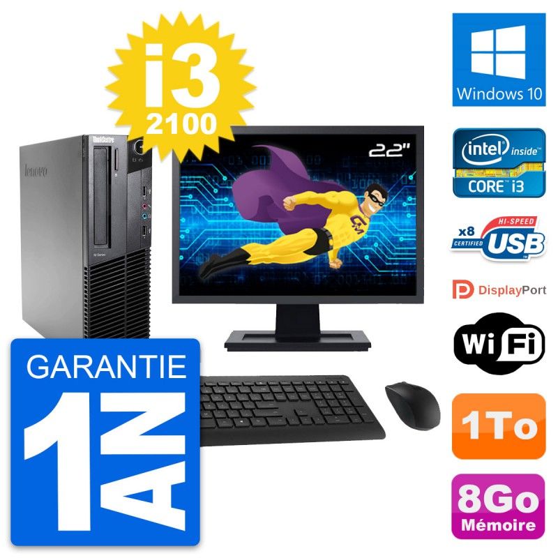 Lenovo M82 SFF PC - 22" Screen, Intel i3-2100, 8GB RAM, 1TB HDD, Windows 10, WiFi