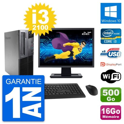 Lenovo M82 SFF Desktop Computer - 22" Screen, Intel i3-2100, 16GB RAM, 500GB HDD, Windows 10, WiFi