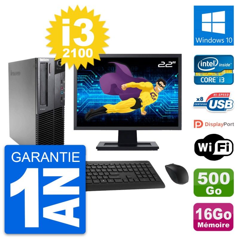 Lenovo M82 SFF Desktop Computer - 22" Screen, Intel i3-2100, 16GB RAM, 500GB HDD, Windows 10, WiFi