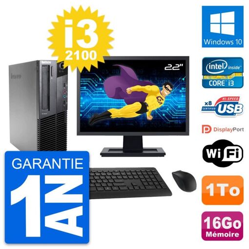 Lenovo M82 SFF Desktop Computer - 22" Screen, Intel i3-2100, 16GB RAM, 1TB HDD, Windows 10, WiFi