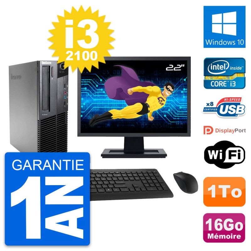 Lenovo M82 SFF Desktop Computer - 22" Screen, Intel i3-2100, 16GB RAM, 1TB HDD, Windows 10, WiFi