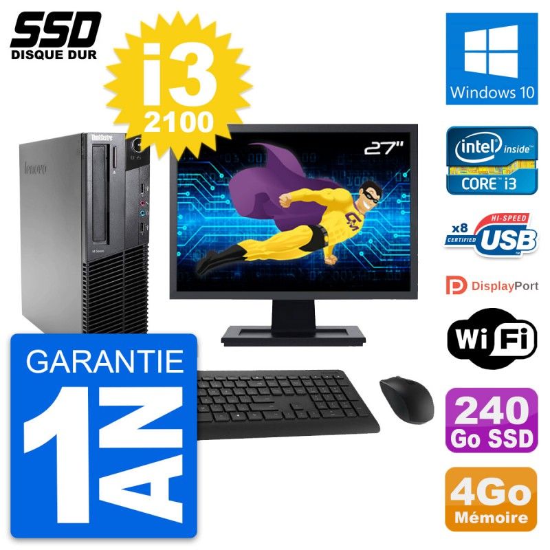 Lenovo M82 SFF Computer - 27" Screen, Intel Core i3-2100, 4GB RAM, 240GB SSD, Windows 10, WiFi