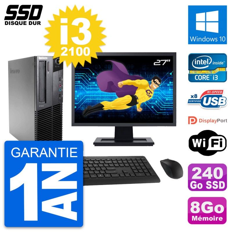 Lenovo M82 SFF Desktop Computer - 27" Screen, Intel Core i3-2100, 8GB RAM, 240GB SSD, Windows 10, Wifi