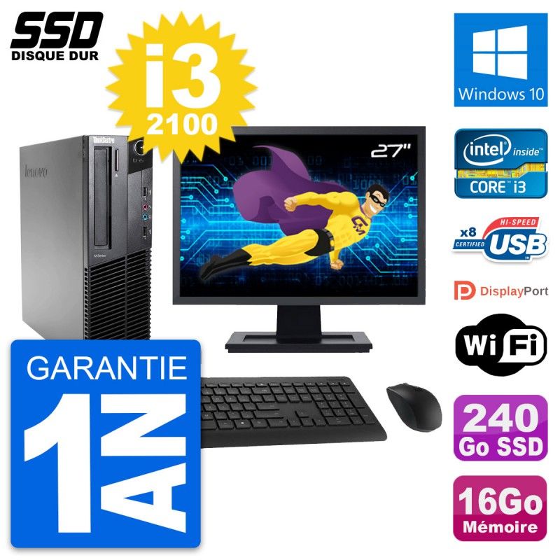 Lenovo M82 SFF Desktop Computer - 27" Screen, Intel i3-2100, 16GB RAM, 240GB SSD, Windows 10, WiFi