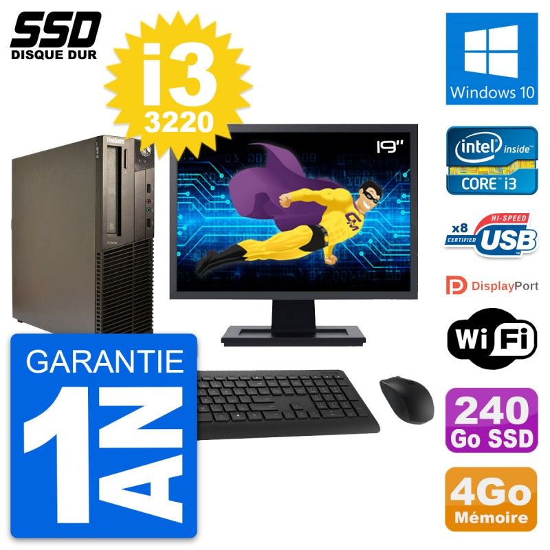 Lenovo M82 SFF PC - 19" Screen, Intel Core i3-3220, 4GB RAM, 240GB SSD, Windows 10, WiFi