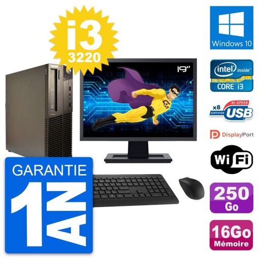 Lenovo M82 SFF Desktop Computer - 19" Screen, Intel i3-3220, 16GB RAM, 250GB HDD, Windows 10, Wifi