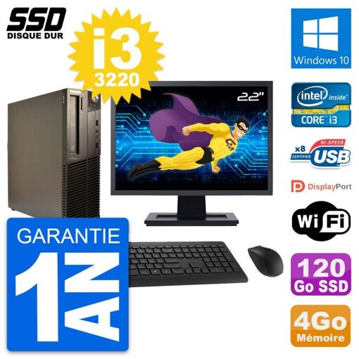 Lenovo M82 SFF Desktop Computer - 22" Screen, Intel Core i3-3220, 4GB RAM, 120GB SSD, Windows 10, Wi-Fi
