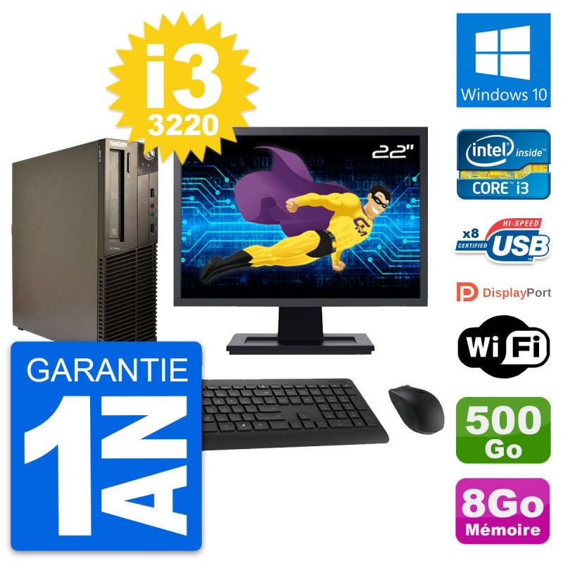 Lenovo M82 SFF Desktop Computer - 22" Screen, Intel i3-3220, 8GB RAM, 500GB HDD, Windows 10, WiFi