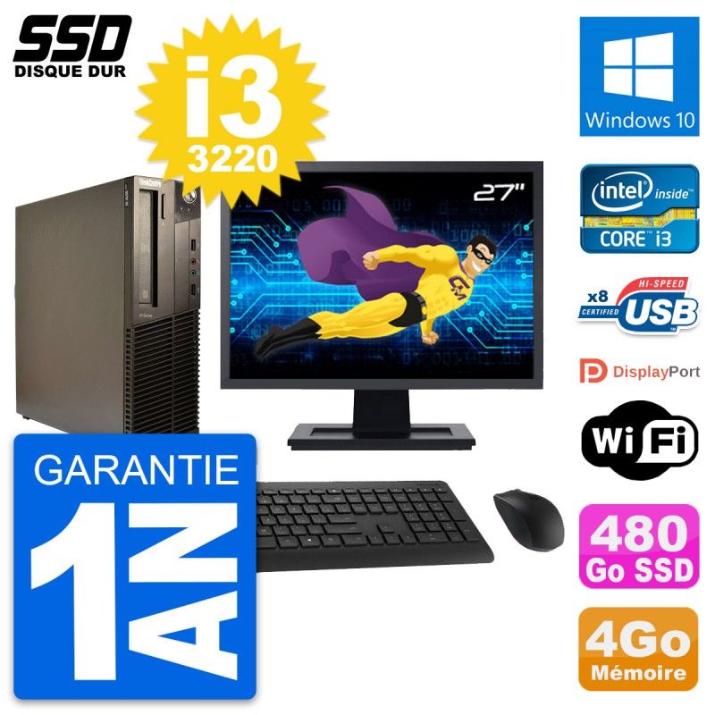 Lenovo M82 SFF Desktop Computer - 27" Screen, Intel Core i3-3220, 4GB RAM, 480GB SSD, Windows 10, WiFi