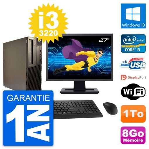 Lenovo M82 SFF Desktop PC - 27" Screen, Intel i3-3220, 8GB RAM, 1TB HDD, Windows 10, WiFi