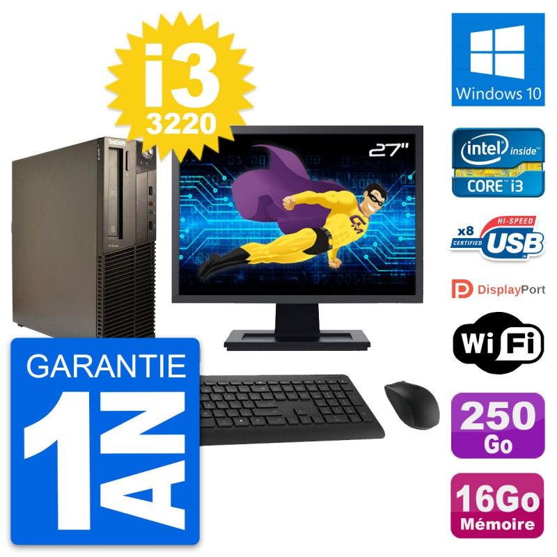 Lenovo M82 SFF Desktop Computer - 27" Screen, Intel i3-3220, 16GB RAM, 250GB SSD, Windows 10, WiFi