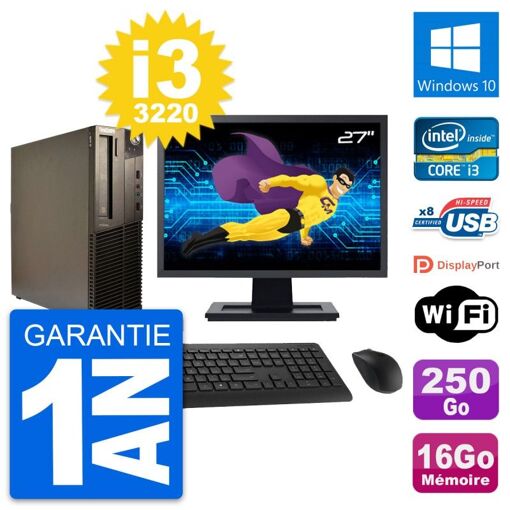 Lenovo M82 SFF Desktop Computer - 27" Screen, Intel i3-3220, 16GB RAM, 250GB SSD, Windows 10, WiFi