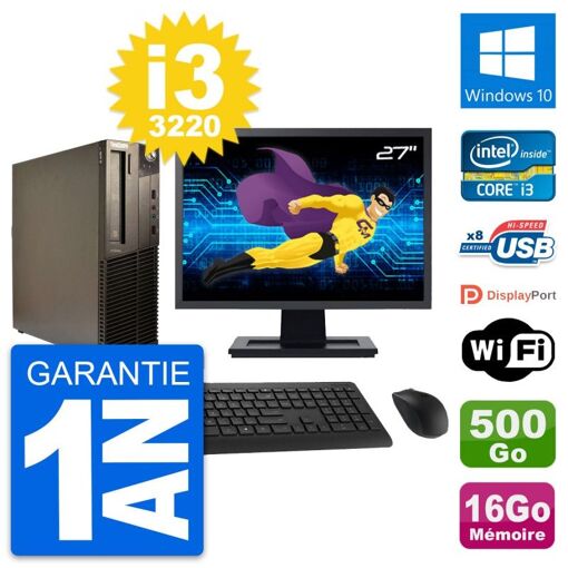 Lenovo M82 SFF Desktop Computer - 27" Screen, Intel i3-3220, 16GB RAM, 500GB HDD, Windows 10, WiFi