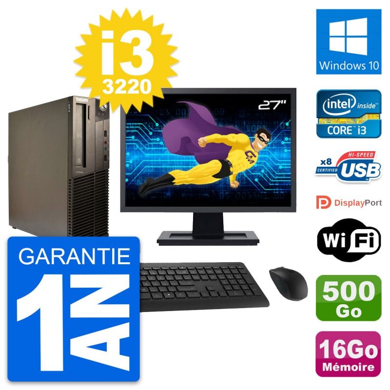 Lenovo M82 SFF Desktop Computer - 27" Screen, Intel i3-3220, 16GB RAM, 500GB HDD, Windows 10, WiFi