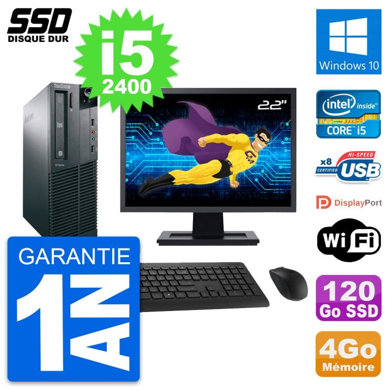 Lenovo M82 SFF PC - 22" Screen, Intel Core i5-2400, 4GB RAM, 120GB SSD, Windows 10, WiFi