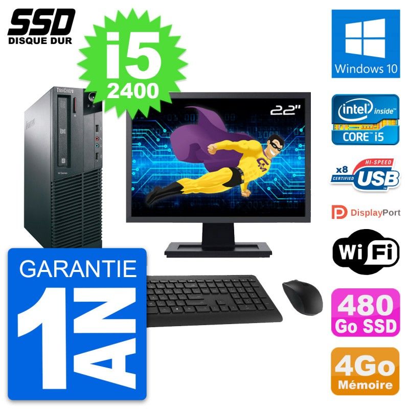 Lenovo M82 SFF Desktop Computer - 22" Screen, Intel Core i5-2400, 4GB RAM, 480GB SSD, Windows 10, WiFi