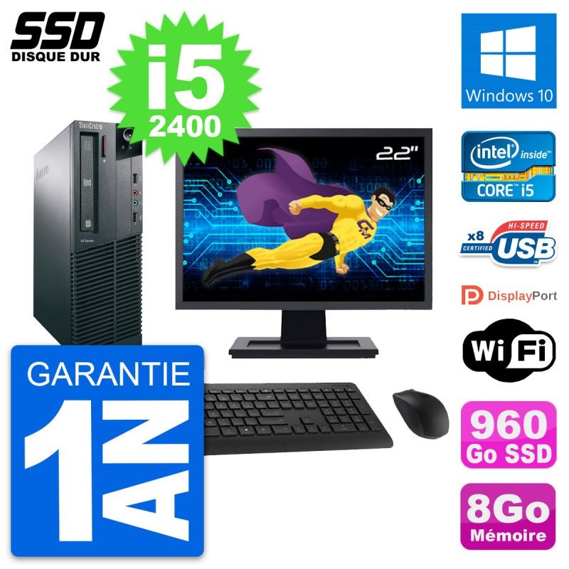 Lenovo M82 SFF Desktop PC - 22" Screen, Intel Core i5-2400, 8GB RAM, 960GB SSD, Windows 10, WiFi