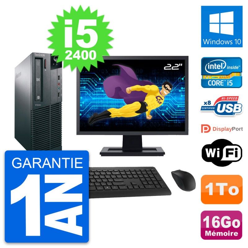 Lenovo M82 SFF PC - 22" Screen, Intel i5-2400, 16GB RAM, 1TB HDD, Windows 10, Wifi