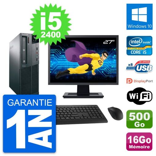 Lenovo M82 SFF Desktop PC - 27" Screen, Intel i5-2400, 16GB RAM, 500GB SSD, Windows 10, WiFi