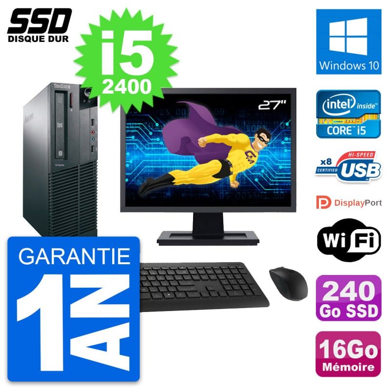 Lenovo M82 SFF Computer - 27" Screen, Intel i5-2400, 16GB RAM, 240GB SSD, Windows 10, Wifi