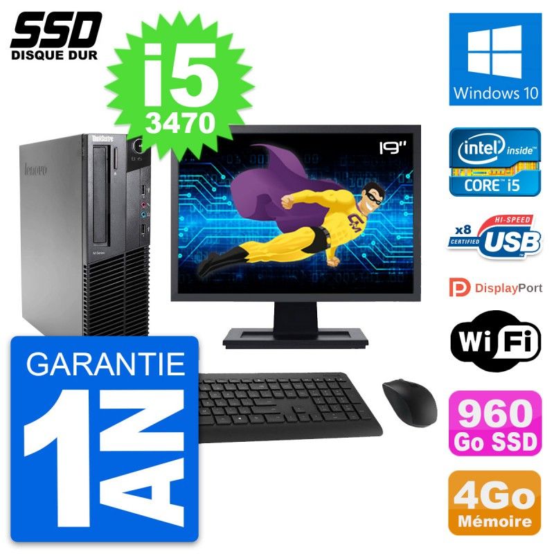 Lenovo M82 SFF Desktop Computer - 19" Screen, Intel Core i5-3470, 4GB RAM, 960GB SSD, Windows 10, WiFi