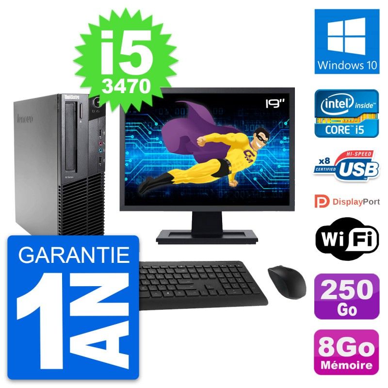 Lenovo M82 SFF Desktop PC - 19" Screen, Intel i5-3470, 8GB RAM, 250GB SSD, Windows 10, WiFi