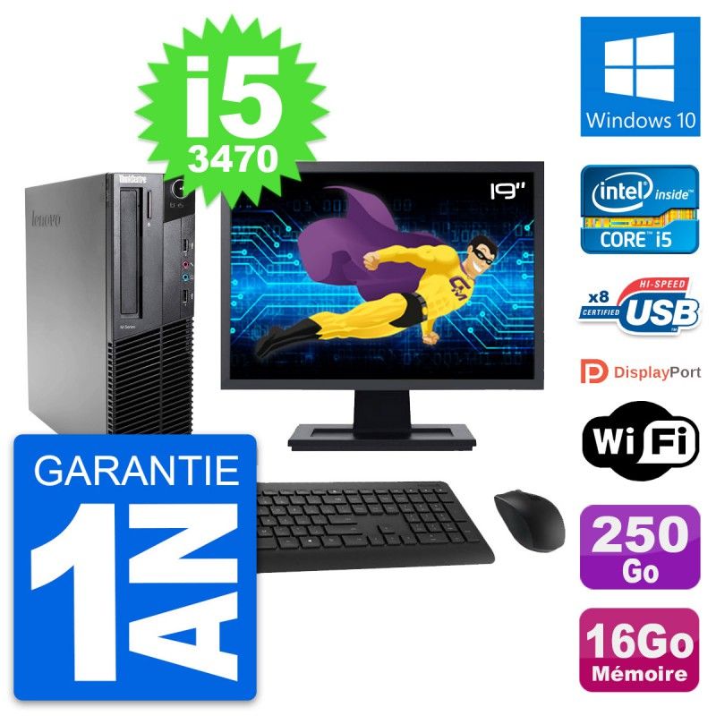 Lenovo M82 SFF Desktop Computer - 19" Screen, Intel i5-3470, 16GB RAM, 250GB SSD, Windows 10, WiFi