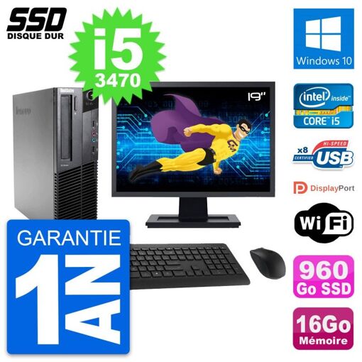 Lenovo M82 SFF Desktop PC - 19" Screen, Intel i5-3470, 16GB RAM, 960GB SSD, Windows 10, WiFi