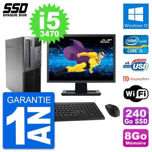 Lenovo M82 SFF Desktop Computer - 22" Screen, Intel Core i5-3470, 8GB RAM, 240GB SSD, Windows 10, WiFi