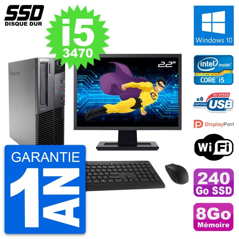 Lenovo M82 SFF Desktop Computer - 22" Screen, Intel Core i5-3470, 8GB RAM, 240GB SSD, Windows 10, WiFi