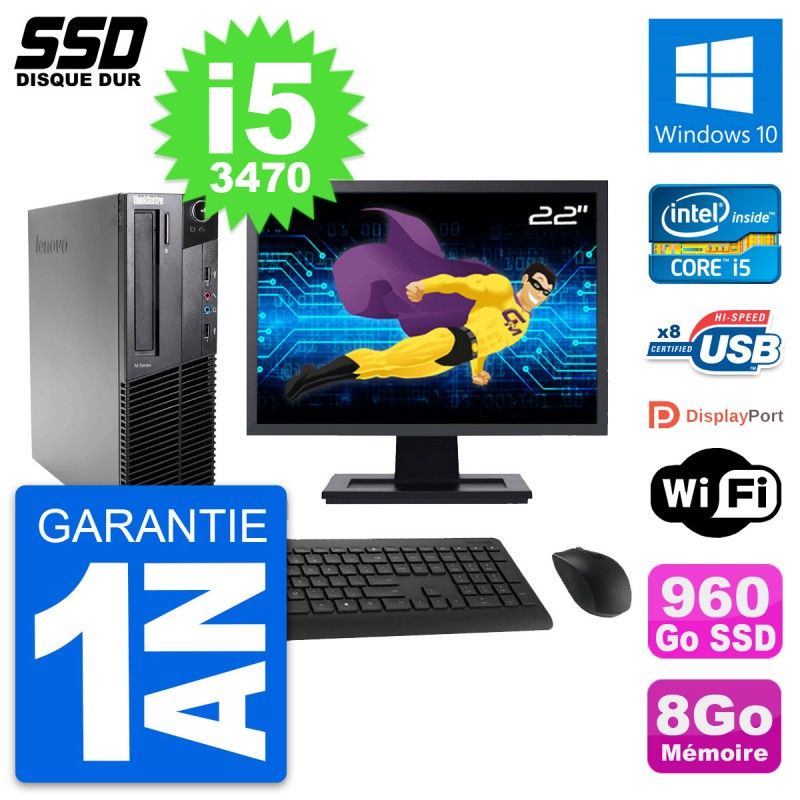 Lenovo M82 SFF Computer - 22" Screen, Intel Core i5-3470, 8GB RAM, 960GB SSD, Windows 10, WiFi