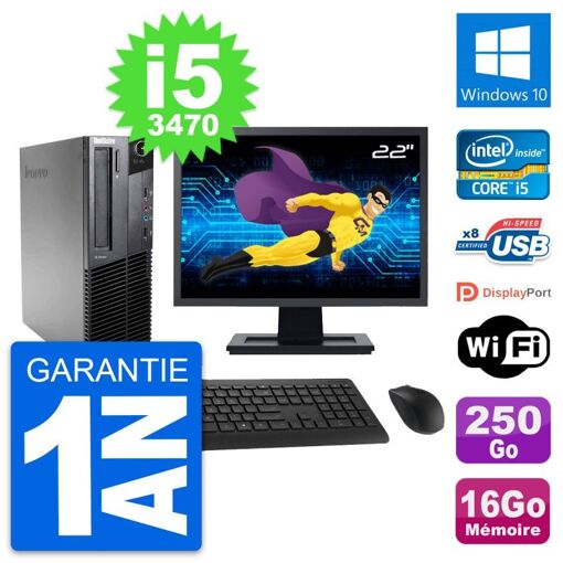 Lenovo M82 SFF Desktop Computer - 22" Screen, Intel i5-3470, 16GB RAM, 250GB SSD, Windows 10, WiFi