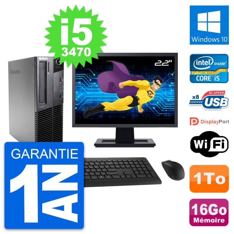 Lenovo M82 SFF PC - 22" Screen, Intel i5-3470, 16GB RAM, 1TB HDD, Windows 10, WiFi