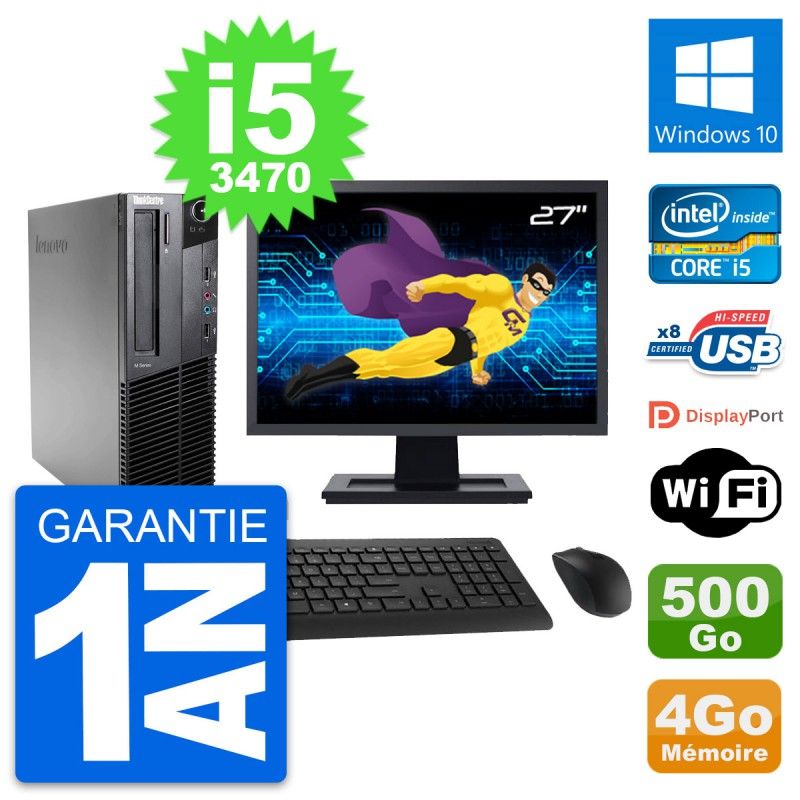 Lenovo M82 SFF Computer - 27" Screen, Intel i5-3470, 4GB RAM, 500GB HDD, Windows 10, WiFi