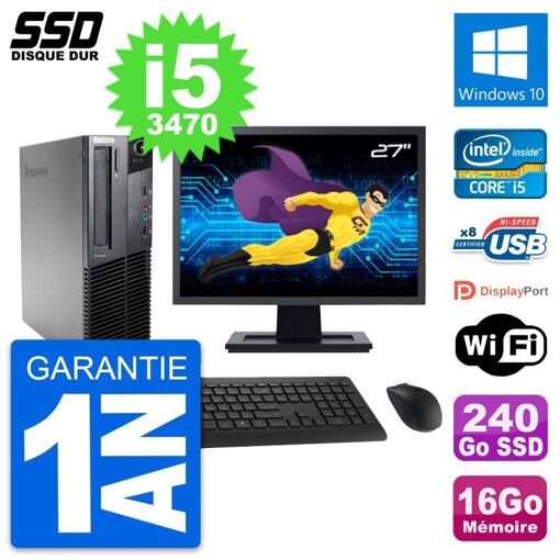 Lenovo M82 SFF Desktop Computer - 27" Screen, Intel i5-3470, 16GB RAM, 240GB SSD, Windows 10, WiFi